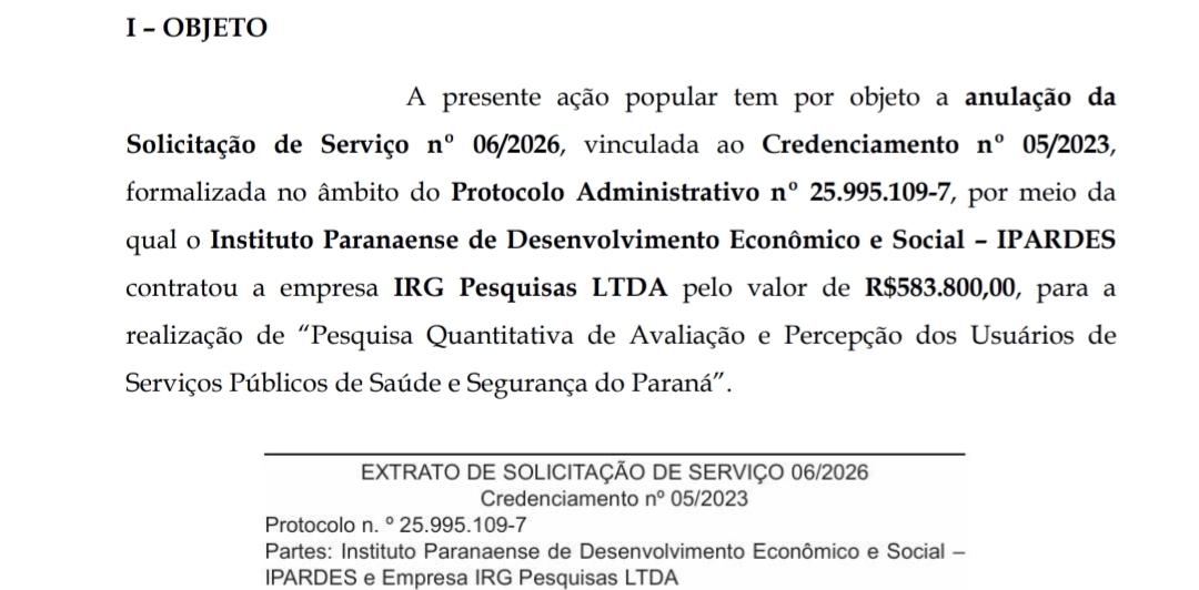Contrato de R$ 583 mil do Ipardes com instituto de pesquisa vira alvo de Ação Popular no Paraná